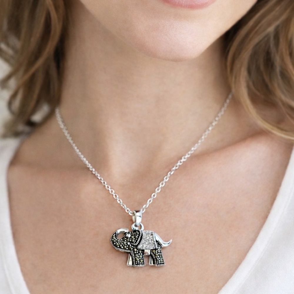 Elephant Marcasite Crystal Necklace 18” Silver Tone Good Luck Charm New in Box